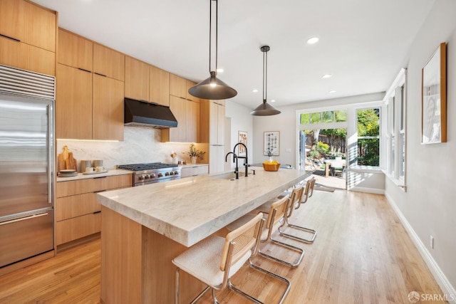 kitchen featuring under cabinet range hood, tasteful backsplash, modern cabinets, and stainless steel appliances