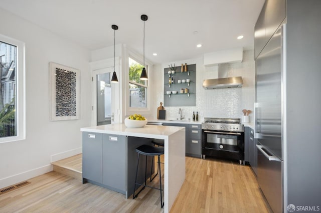 kitchen featuring a kitchen island, wall chimney range hood, decorative backsplash, hanging light fixtures, and high quality appliances