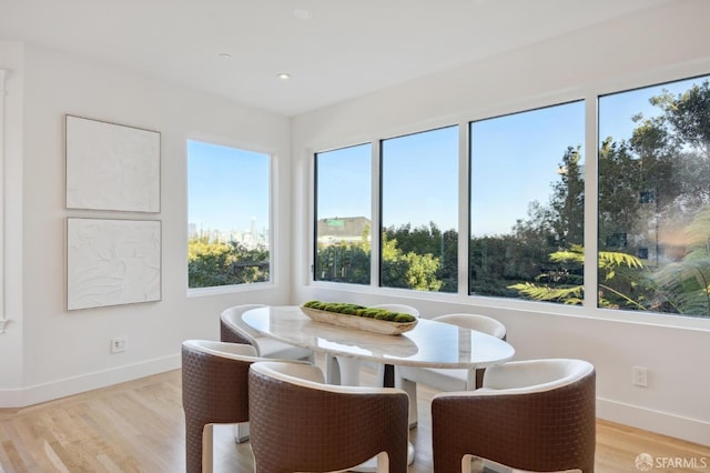 dining space featuring light wood-type flooring and plenty of natural light