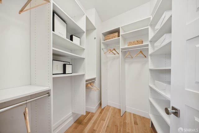 walk in closet with light hardwood / wood-style floors