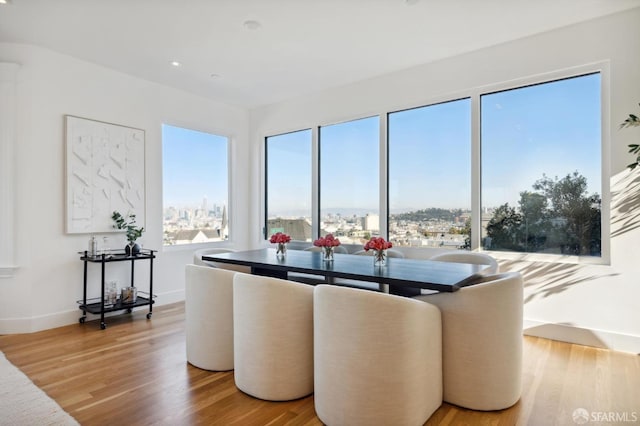 dining area with a wealth of natural light and hardwood / wood-style flooring