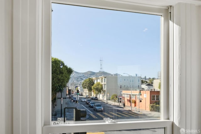 interior space with a mountain view