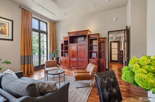 living area featuring wood finished floors and rail lighting