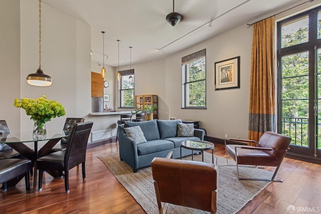 living room featuring baseboards, track lighting, and wood finished floors