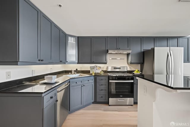 39 Boardman Pl Unit 105, San Francisco, CA 94103 - kitchen featuring appliances with stainless steel finishes, under cabinet range hood, light wood-type flooring, and dark countertops