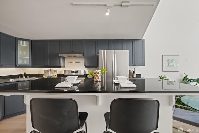 39 Boardman Pl Unit 105, San Francisco, CA 94103 - kitchen with stainless steel appliances, under cabinet range hood, track lighting, a breakfast bar, and glass insert cabinets