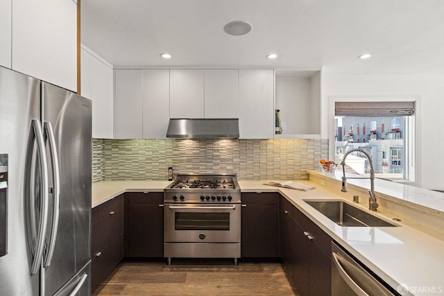 kitchen with appliances with stainless steel finishes, exhaust hood, white cabinetry, tasteful backsplash, and sink