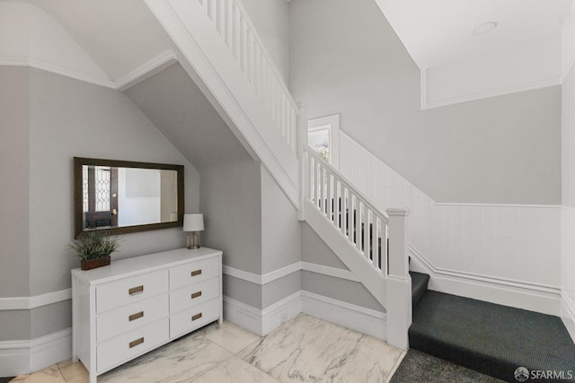 3294 Clay St Unit 6, San Francisco, CA 94123 - stairs with marble look tile flooring and vaulted ceiling
