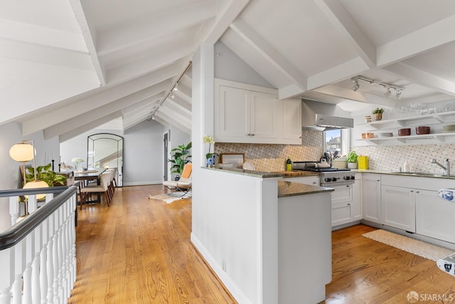 3294 Clay St Unit 6, San Francisco, CA 94123 - kitchen featuring wall chimney range hood, light wood-type flooring, tasteful backsplash, and white cabinets