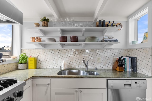 3294 Clay St Unit 6, San Francisco, CA 94123 - kitchen featuring open shelves, stainless steel dishwasher, tasteful backsplash, white cabinets, and light stone counters
