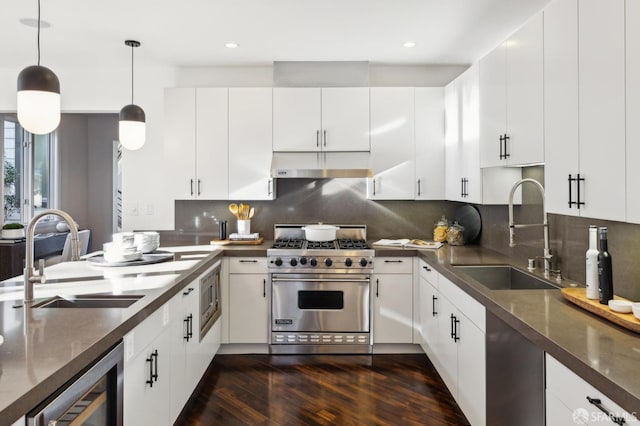 kitchen with a sink, dark countertops, under cabinet range hood, and stainless steel appliances