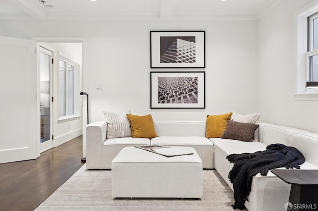 living area with beamed ceiling, crown molding, baseboards, and wood finished floors