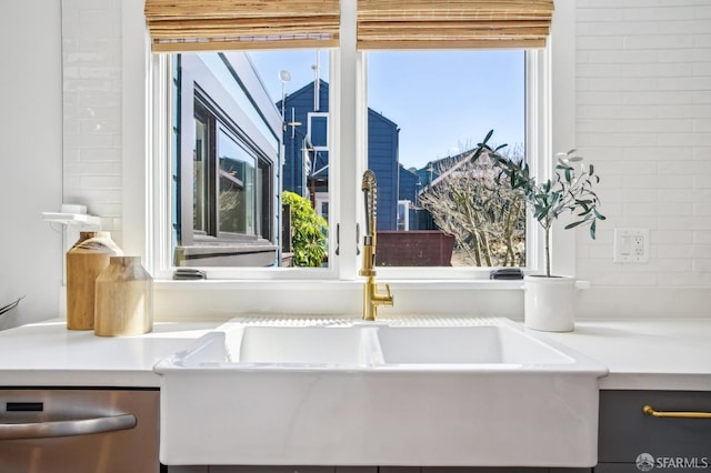 interior details featuring stainless steel dishwasher, light countertops, and a sink