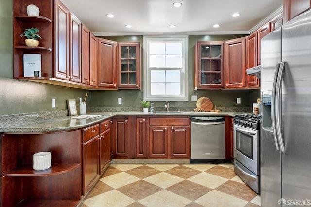 kitchen featuring open shelves, stainless steel appliances, light floors, and a sink