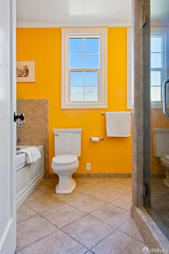 bathroom featuring a stall shower, toilet, and crown molding
