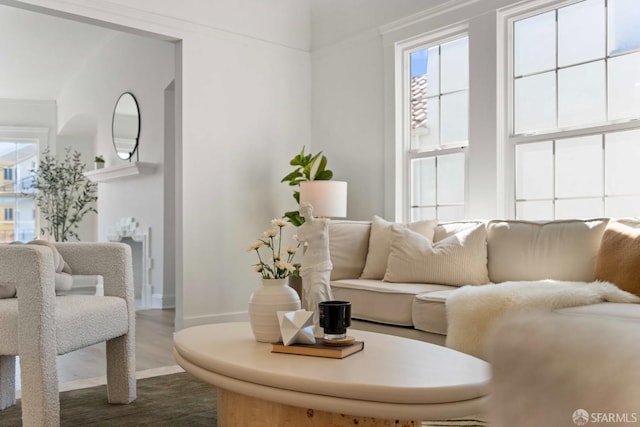 living room featuring baseboards and dark wood finished floors