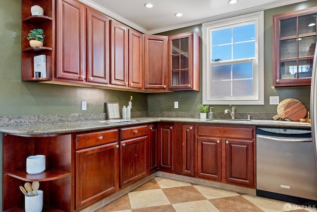 kitchen featuring open shelves, a sink, recessed lighting, light floors, and dishwasher