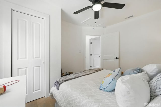 3901 La Colina Rd, El Sobrante, CA 94803 - bedroom with a closet, wood finished floors, a ceiling fan, and attic access