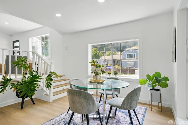 3901 La Colina Rd, El Sobrante, CA 94803 - dining area featuring stairway, plenty of natural light, light wood-style floors, and recessed lighting