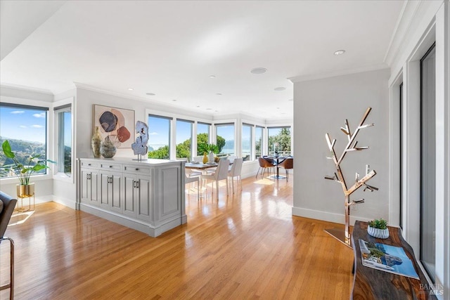 interior space featuring ornamental molding, a wealth of natural light, and light wood-style flooring