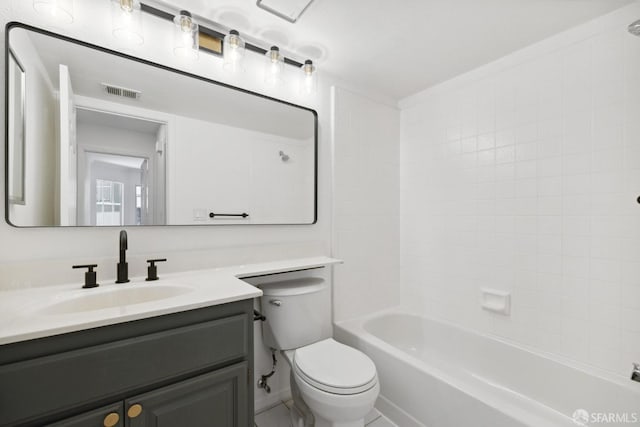 bathroom with vanity, washtub / shower combination, toilet, and visible vents