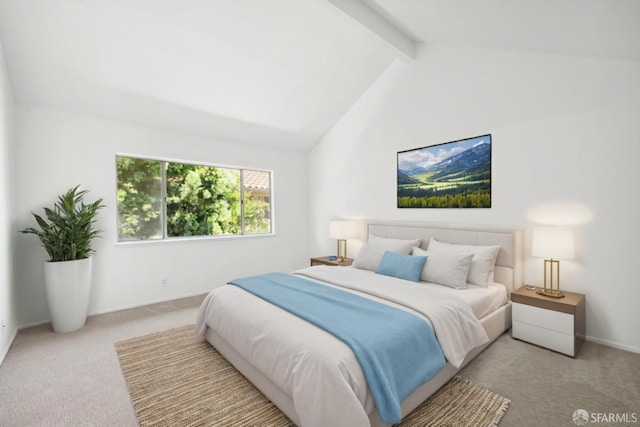 carpeted bedroom with baseboards and vaulted ceiling with beams