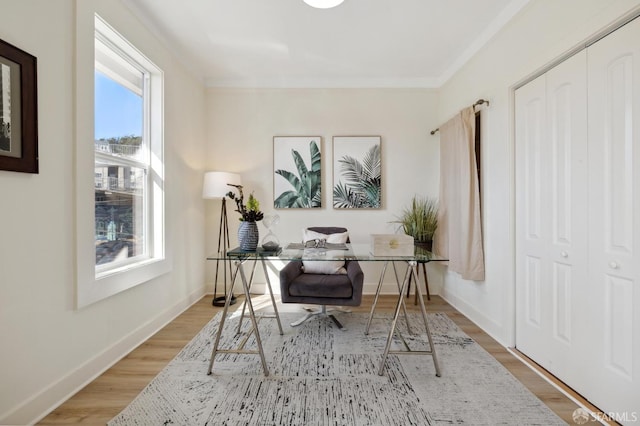 office area featuring crown molding, baseboards, and wood finished floors