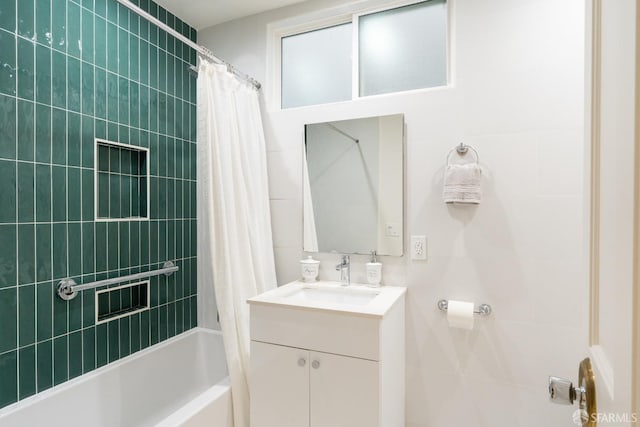 350 Dolores St, San Francisco, CA 94110 - full bathroom with vanity and shower / bathtub combination with curtain