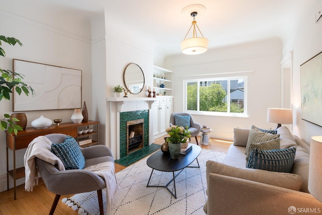 350 Dolores St, San Francisco, CA 94110 - living area featuring a tile fireplace and light wood-type flooring