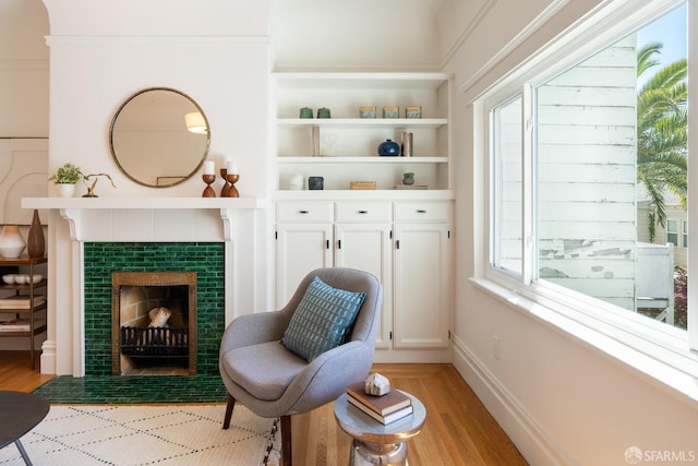 350 Dolores St, San Francisco, CA 94110 - sitting room with light wood-style floors, a tiled fireplace, and plenty of natural light