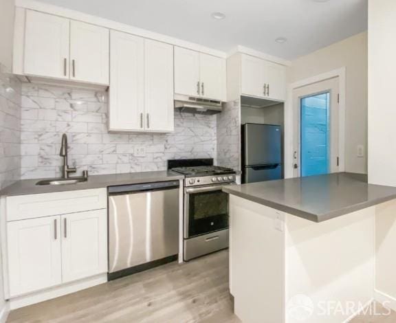 31-33 Harriet St, San Francisco, CA 94103 - kitchen featuring stainless steel appliances, under cabinet range hood, white cabinets, light wood-type flooring, and tasteful backsplash