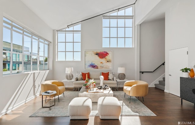 sitting room with high vaulted ceiling and dark wood-type flooring