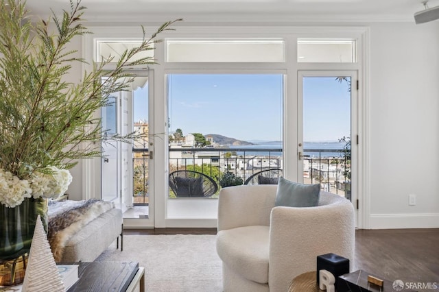 interior space featuring a water view, baseboards, and wood finished floors