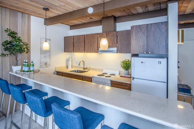 kitchen with pendant lighting, beam ceiling, kitchen peninsula, sink, and white appliances