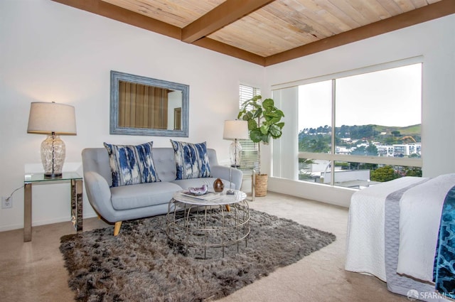 living room with wooden ceiling and beamed ceiling