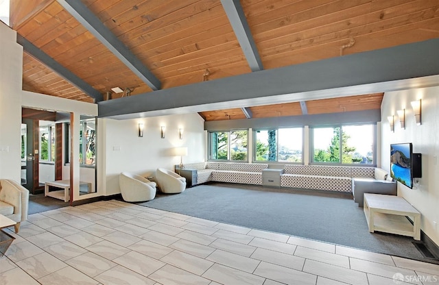 unfurnished living room with high vaulted ceiling, light colored carpet, beam ceiling, and wood ceiling