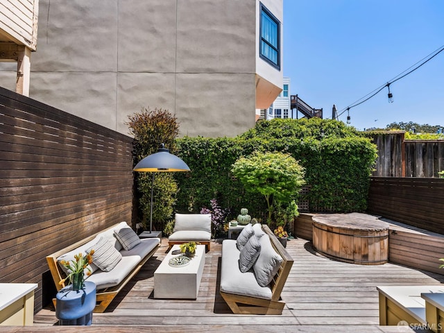 1850 Laguna St, San Francisco, CA 94115 - wooden terrace featuring outdoor lounge area and an outdoor hot tub