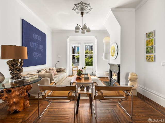 1850 Laguna St, San Francisco, CA 94115 - living area with ornamental molding, a fireplace with flush hearth, baseboards, and wood finished floors