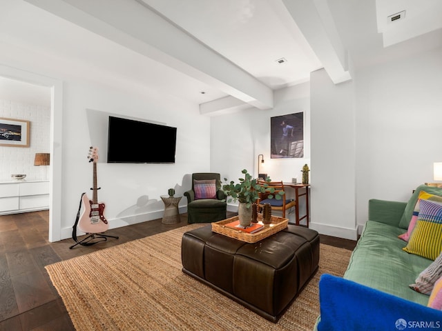 1850 Laguna St, San Francisco, CA 94115 - living area featuring beamed ceiling, dark wood-style flooring, and baseboards