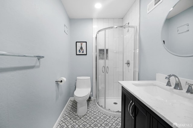 bathroom featuring visible vents, toilet, a stall shower, and vanity