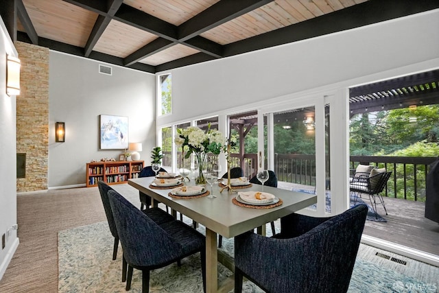 dining room with beamed ceiling, visible vents, carpet floors, wooden ceiling, and baseboards
