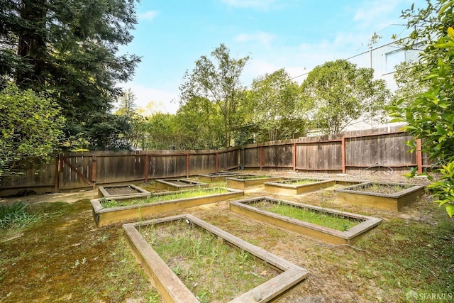 view of yard featuring a vegetable garden and a fenced backyard