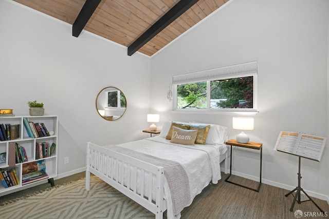 bedroom with baseboards, wooden ceiling, and lofted ceiling with beams