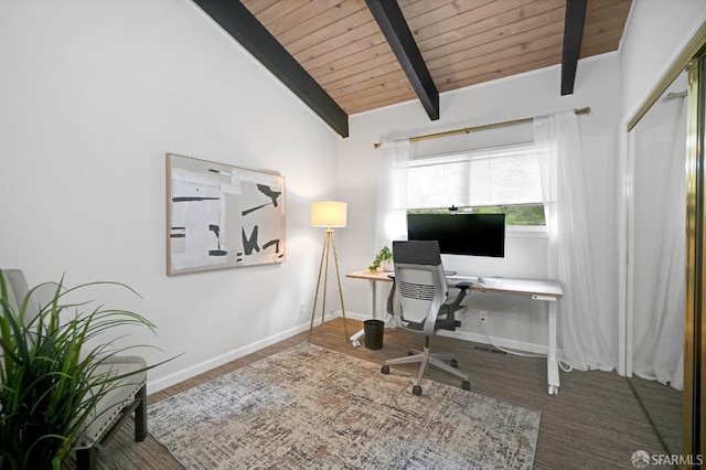 office featuring baseboards, vaulted ceiling with beams, and wooden ceiling