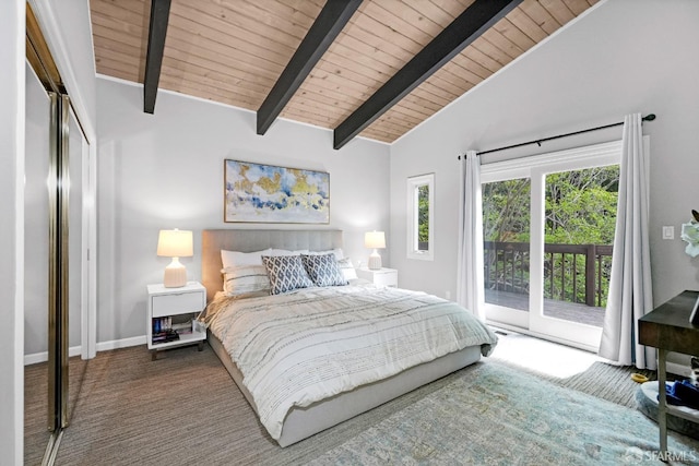 carpeted bedroom with baseboards, lofted ceiling with beams, access to outside, and wooden ceiling