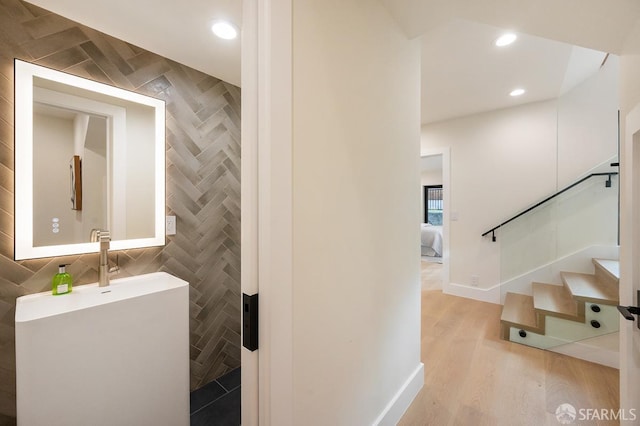 1935-1937 Greenwich St, San Francisco, CA 94123 - ensuite bathroom with recessed lighting, tile walls, ensuite bathroom, and wood finished floors