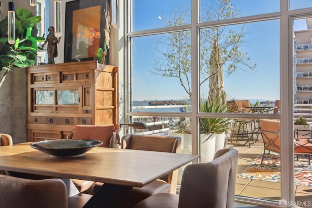 dining space featuring a water view and expansive windows