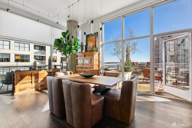 dining area featuring wood-type flooring, a towering ceiling, a healthy amount of sunlight, and a wall of windows