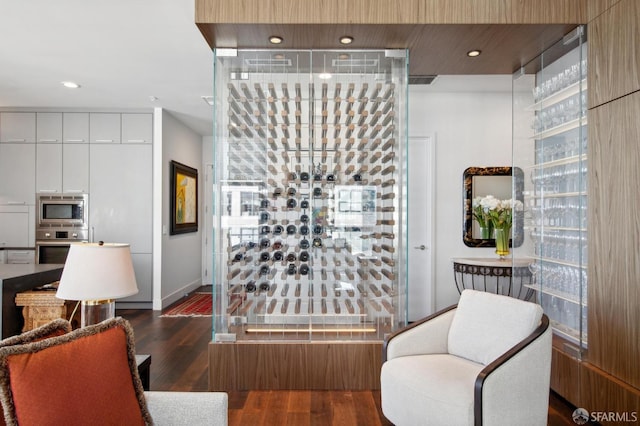 wine cellar with dark hardwood / wood-style floors