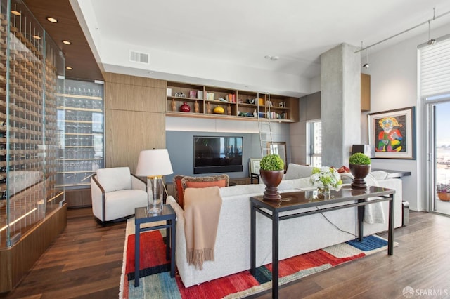 living room with dark wood-type flooring